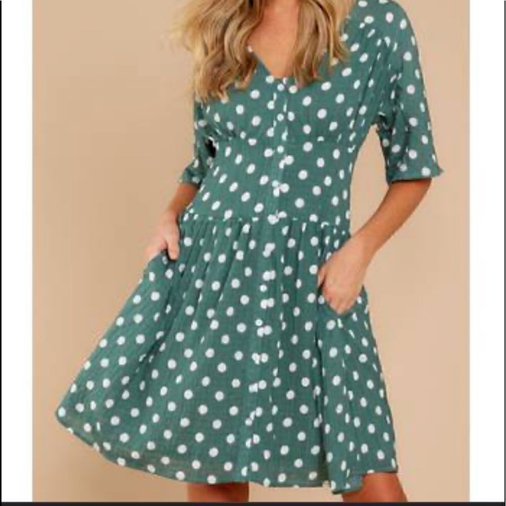 Listicle Polka Dot Button Down Green Dress Size Small